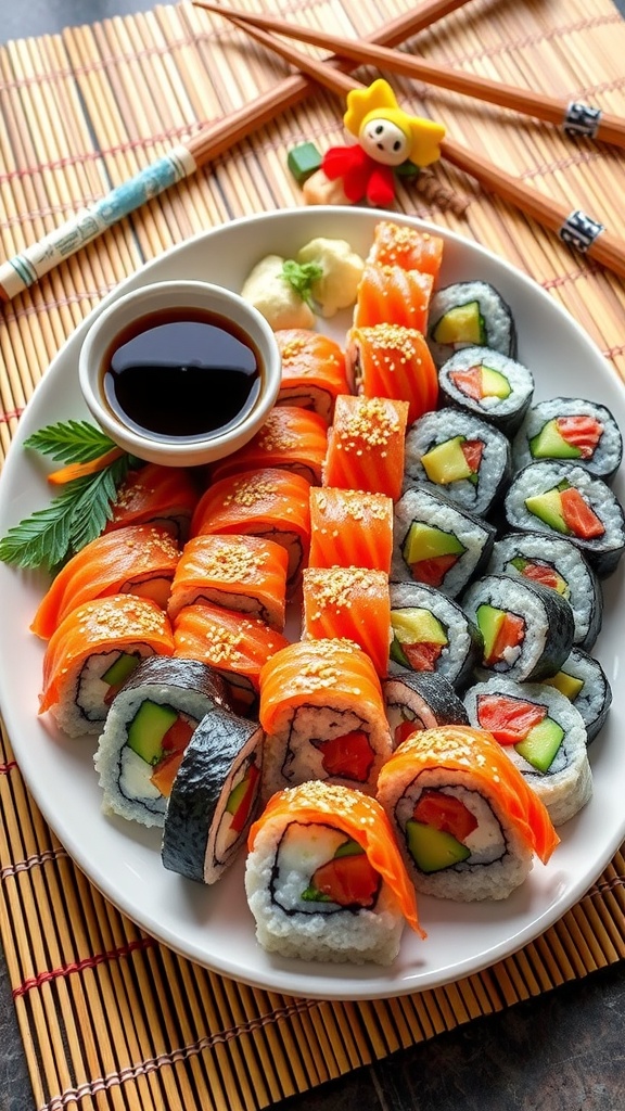A platter of colorful homemade sushi rolls with soy sauce and garnishes on a bamboo mat.